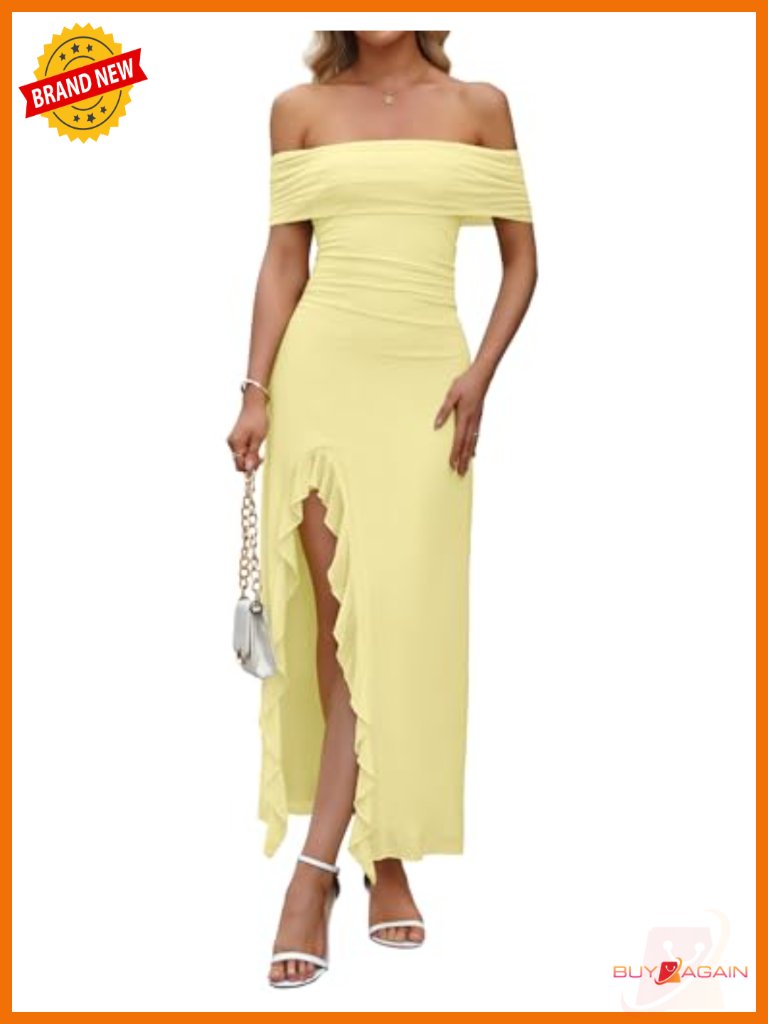 Off Shoulder Maxi Dress Mesh Ruched Bodycon Slim Fit High Slit Ruffle